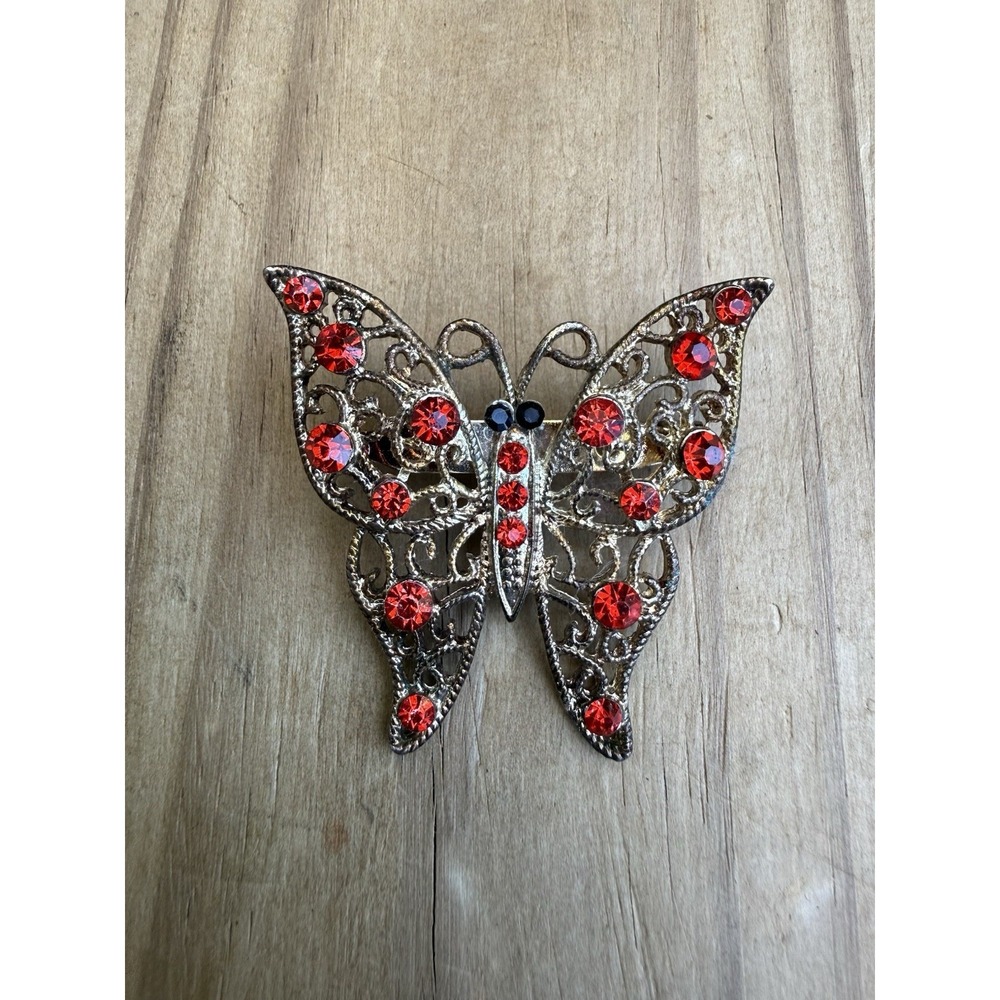 Vintage Butterfly Brooch Silver Tone Red Rhinestone Sparkle Pin Insect